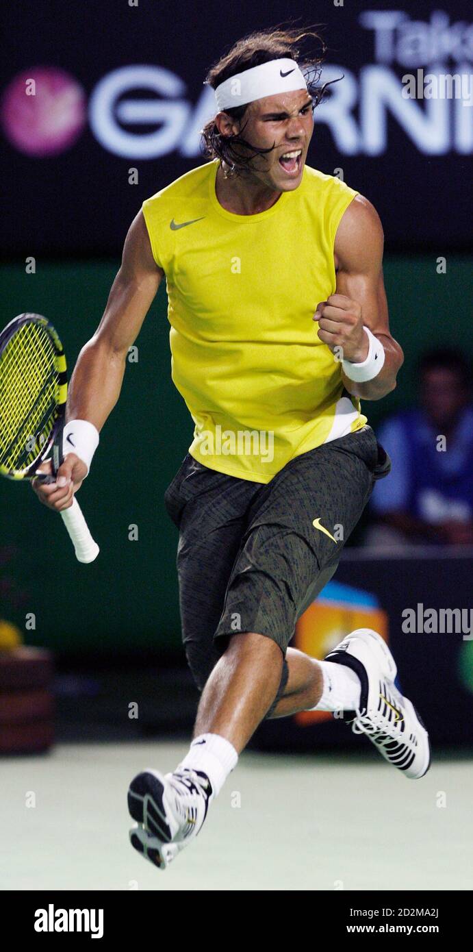 Spain S Rafael Nadal Jumps With Joy After Winning His Match Against Germany S Philipp Kohlschreiber At The Australian Open Tennis Tournament In Melbourne January 19 07 Reuters David Gray Australia Stock Photo Alamy