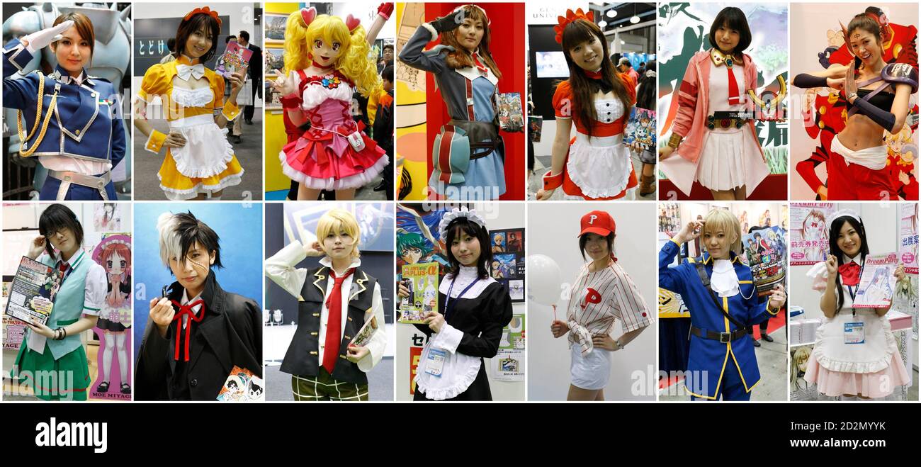 A combination of pictures shows booth assistants in costume from Japanese  animation posing at Tokyo International
