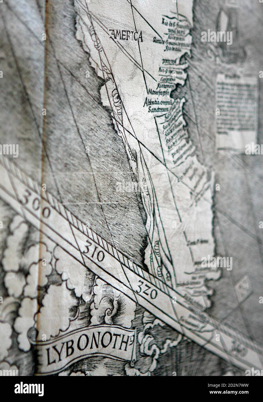 A detail photograph of the map that first used the name 'America' is seen at the Library of Congress in Washington December 3, 2007. The 500-year-old map, created by German monk Martin Waldseemuller, is the only known surviving copy and was purchased for $10 million in 2003.    REUTERS/Jim Young   (UNITED STATES) Stock Photo