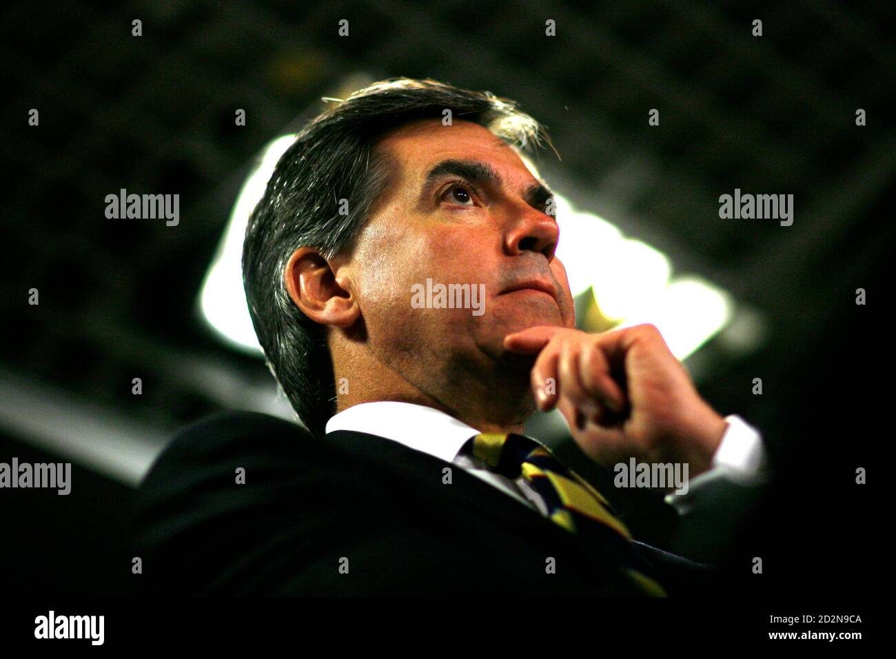 Canada's Industry Minister Jim Prentice pauses during a news conference on Parliament Hill in Ottawa May 27, 2008. Canada's government will launch a wireless spectrum auction that it hopes will bolster competition and lower consumer prices by allowing new players to break into the cellular phone market.       REUTERS/Chris Wattie       (CANADA) Stock Photo