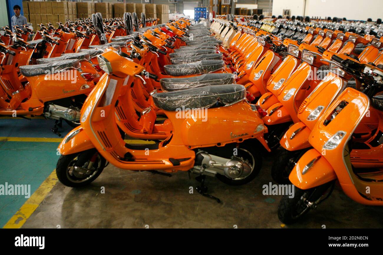 Scooters are seen at a Piaggio scooter and motorcycle factory in Vietnam's  northern Vinh Phuc province, outside Hanoi March 17, 2010. Piaggio SpA, the  Italian company that makes the iconic Vespa scooters,