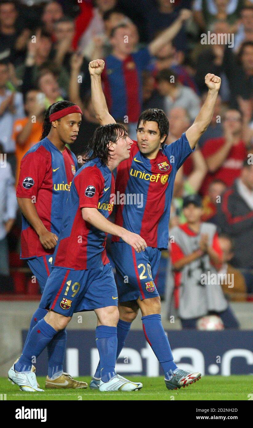 Barcelona S Soccer Players Deco R Ronaldinho L And Leo Messi Celebrate A Goal Against Chelsea During Their Champions League Group A Soccer Match At Nou Camp Stadium In Barcelona October 31 06 Barcelona S Soccer Players Deco R Ronaldinho L And Leo Messi Celebrate A Goal Against Chelsea During Their Champions League Group A Soccer Match At Nou Camp Stadium In Barcelona October 31 06