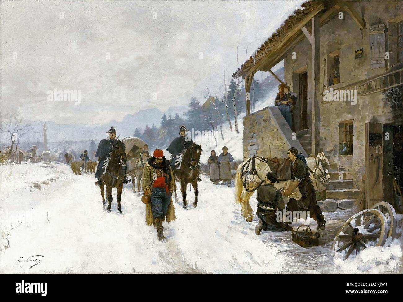 Castres Edouard - Paysage En Hiver Avec Saltimbanques Ours Savants Et Des Gendarmes a Cheval - Swiss School - 19th  Century Stock Photo
