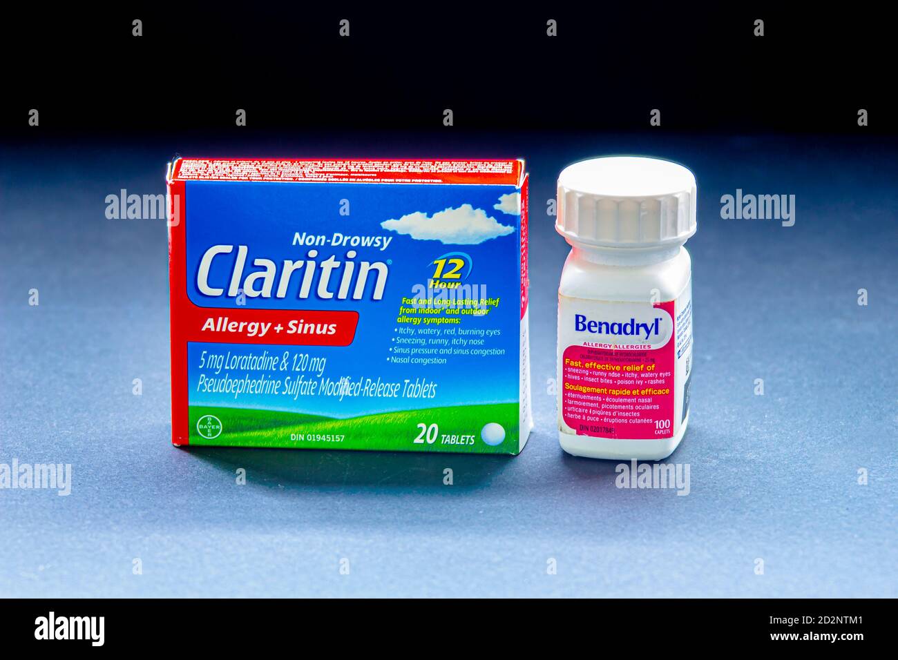 Calgary, Alberta, Canada. Oct, 6, 2020. Loratadine, sold under the brand name Claritin a medication used to treat allergies as well like Benadryl an a Stock Photo