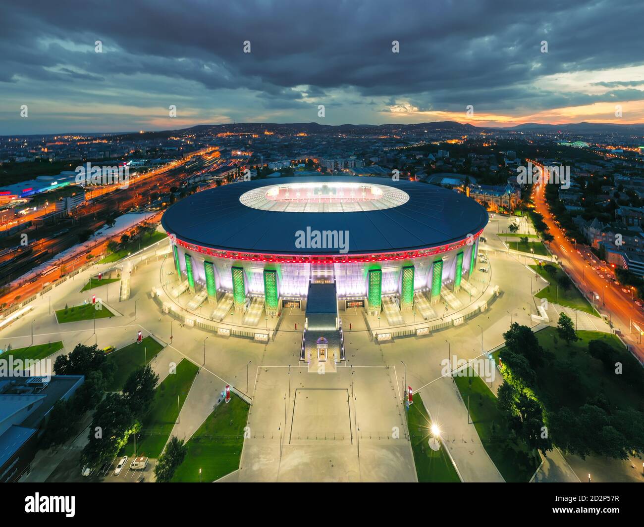 Amazing giant arena building in Hungary. illuminated Ferenc Puskas