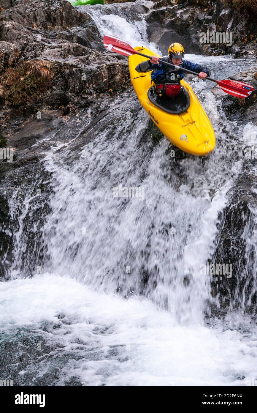 Canoeist in White Water, Snowdonia, North Wales Stock Photo
