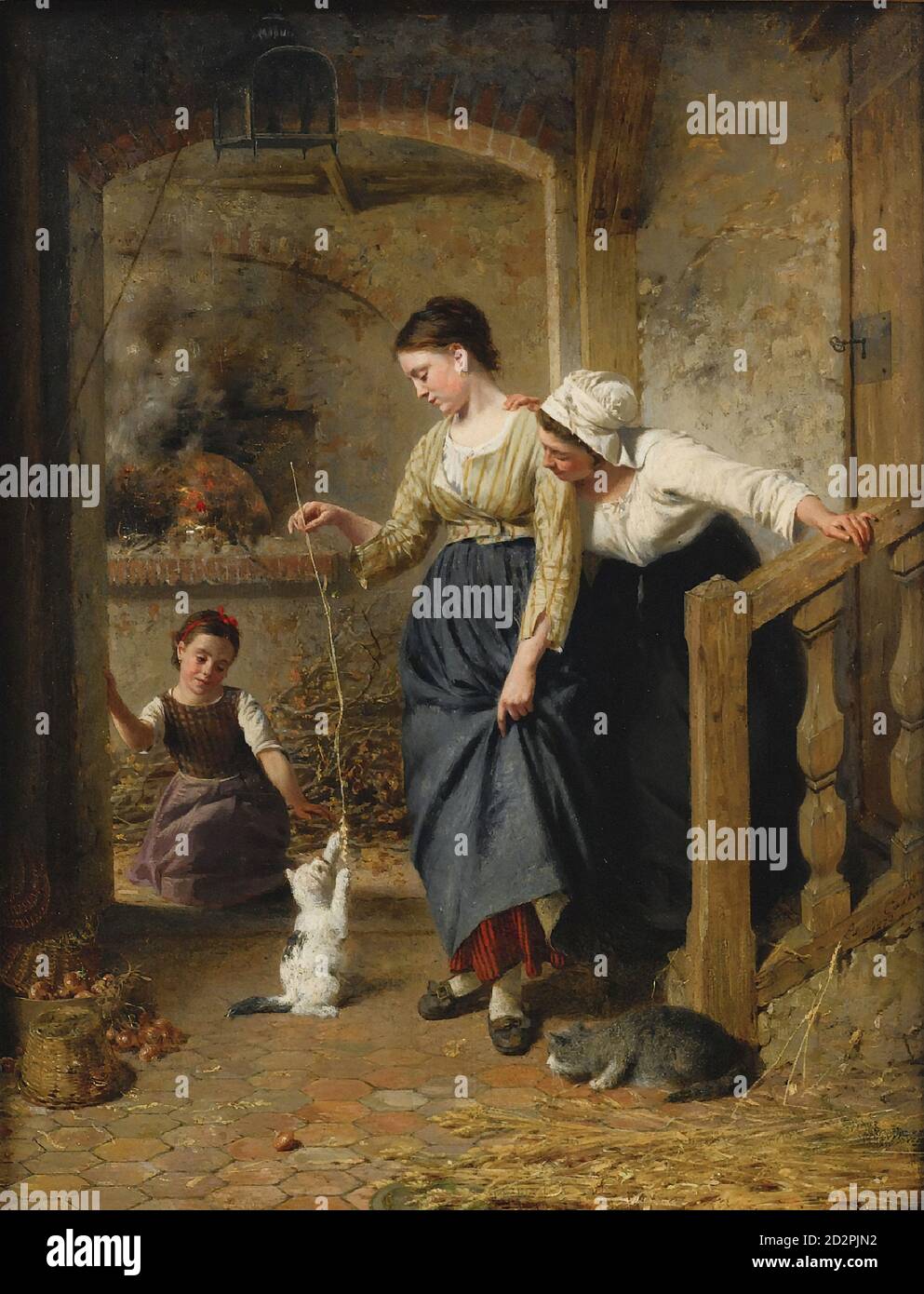 Castres Edouard - Playing with Kittens - Swiss School - 19th  Century Stock Photo