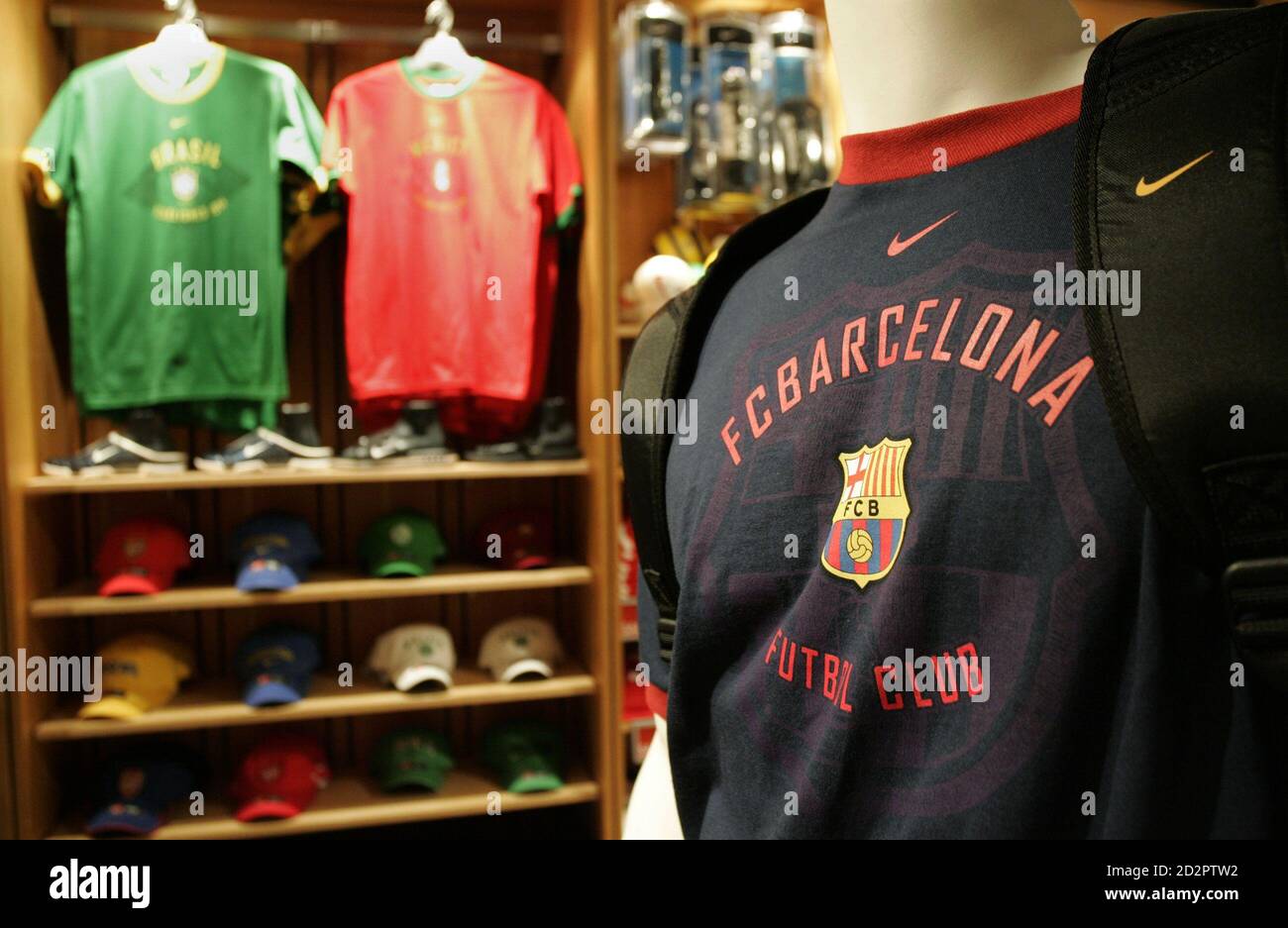 Nike brand World Cup soccer apparel is on display at the Nike store in  downtown Portland, Oregon March 21, 2006. Nike has signed up eight teams to  wear its \