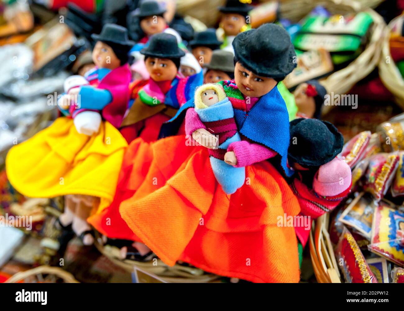 Hand crafted dolls for sale in a store at the Witches' Market at La Paz in Bolivia. The market is run by run by local witch doctors known as yatiri. Stock Photo