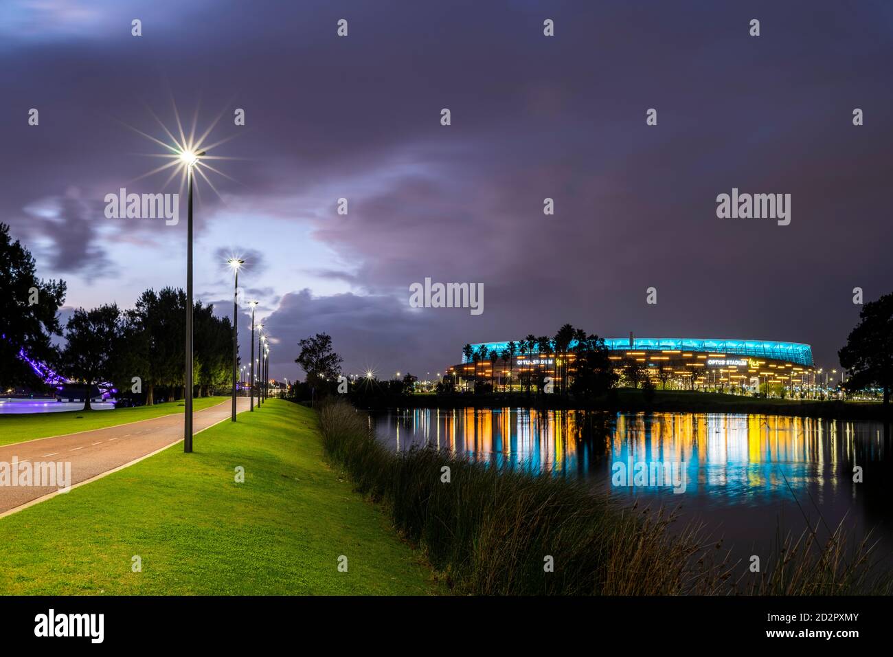 Bike path and Perth's Optus Stadium at dusk Stock Photo Alamy