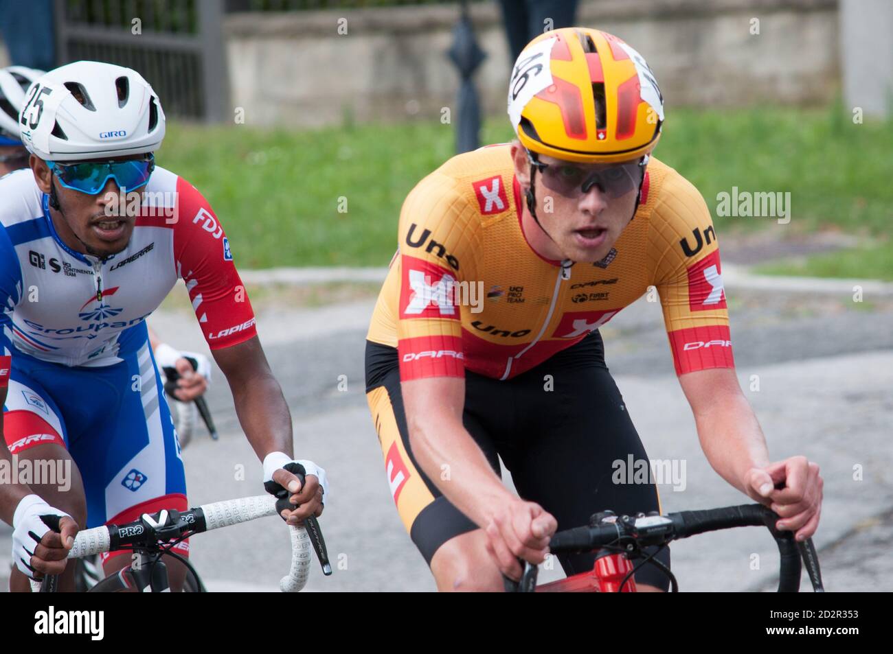 Oggiono Lc Italy. 4th Oct 2020. oggiono lc Italy 04 Oct 2020 HINDSGAUL MADSEN Jacob NOR Uno X Pro Cycling Team 2nd place and DEBESAY Yakob ERI Equipe continentale Groupama FDJ 3th place at Piccolo Gir...