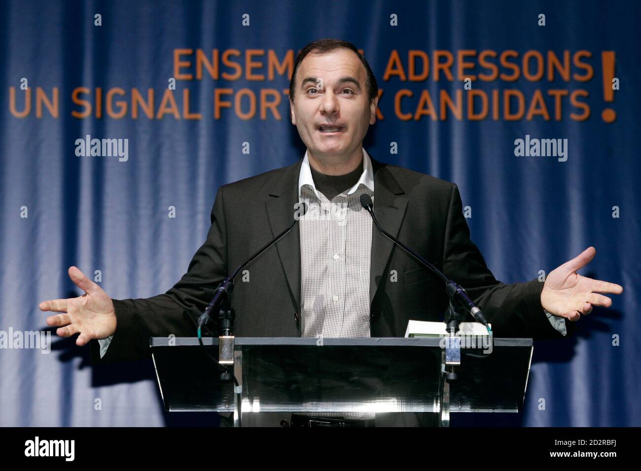 French Presidential candidate Jean-Marc Governatori of France in Action  Movement delivers a speech during a meeting in which all Presidential  candidates were asked to confirm an ecological pact presented by French  environmental
