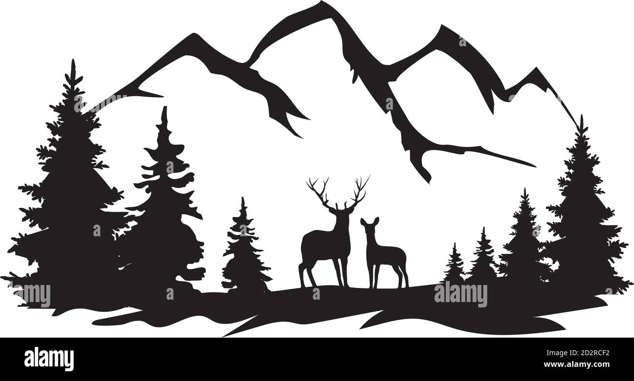 vector illustration of wilderness, deer silhouette, forest, mountains. Stock Vector
