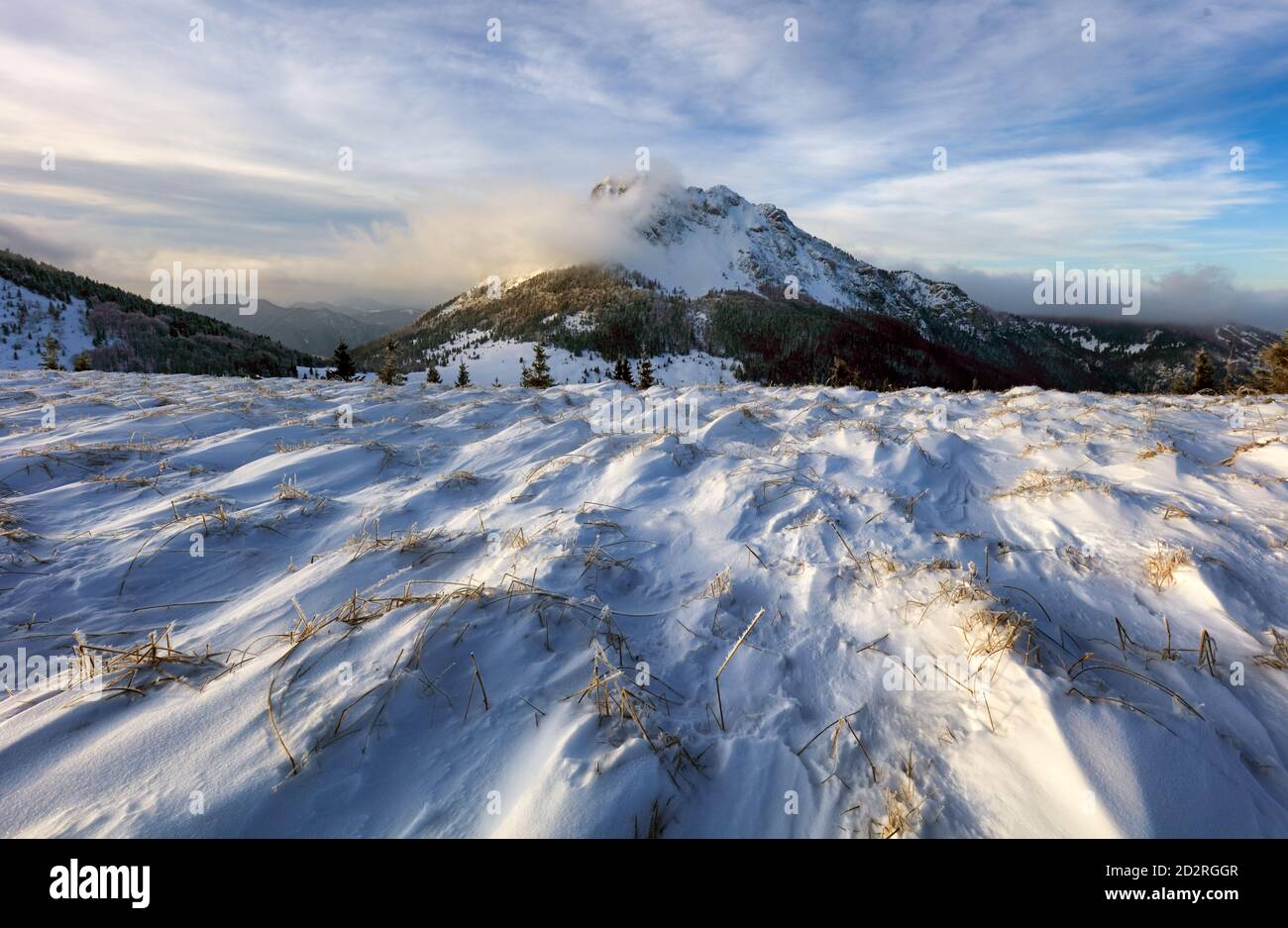 Mountain field with peak at winter, snow landscape Stock Photo