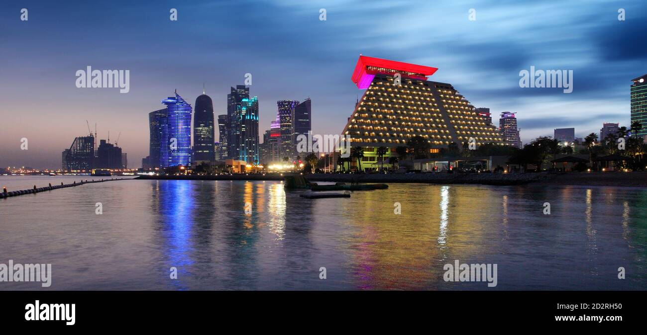 Doha skyline of West Bay Center during sunrise, Qatar Stock Photo Alamy