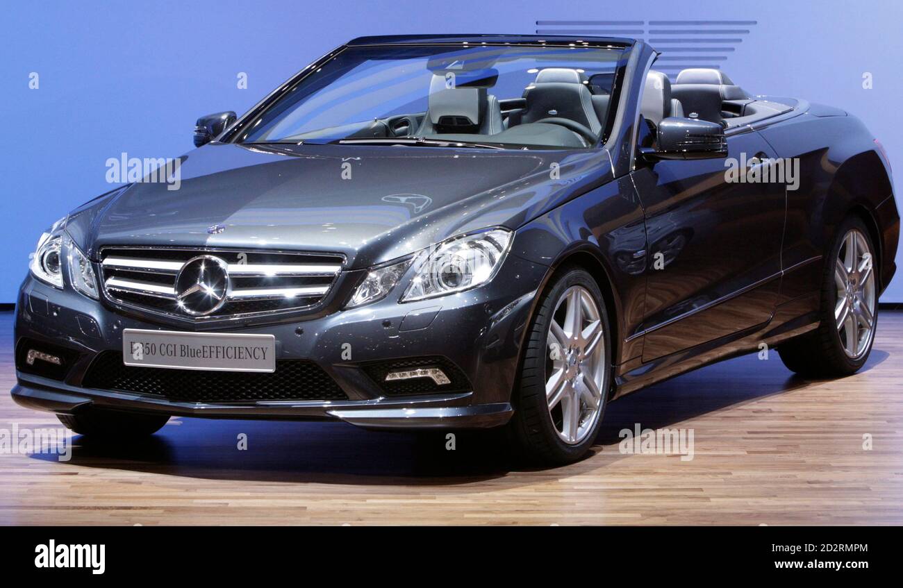 A Mercedes E350 CGI Blue Efficiency convertible car is shown at the  exhibition stand of Mercedes-Benz during the first media day of the 80th  Geneva Car Show at the Palexpo in Geneva