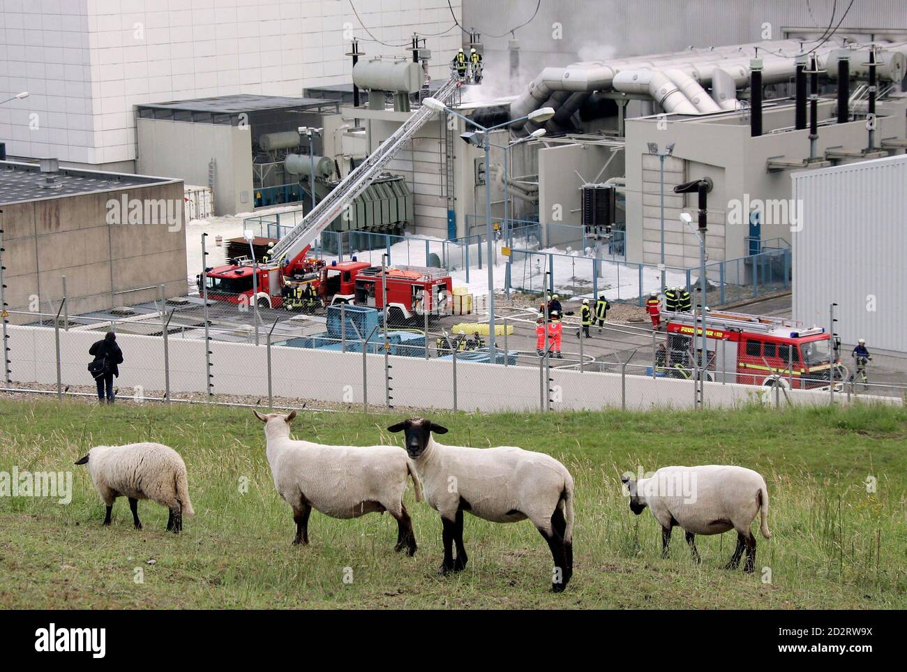 Sheep graze near the nuclear power plant Kruemmel while firefighters spray foam after extinguishing a fire at a transformer station on the site of the nuclear power plant Kruemmel, near Geesthacht, June 28, 2007. A fire broke out near the nuclear plant in northern Germany on Thursday but police said the reactor was unaffected. Vattenfall Europe, the main operator of the 1,316-megawatt Kruemmel reactor near Hamburg, said both it and the 806-megawatt Brunsbuettel plant had been disconnected from the power grid as a precaution. REUTERS/Morris Mac Matzen (GERMANY) Stock Photo