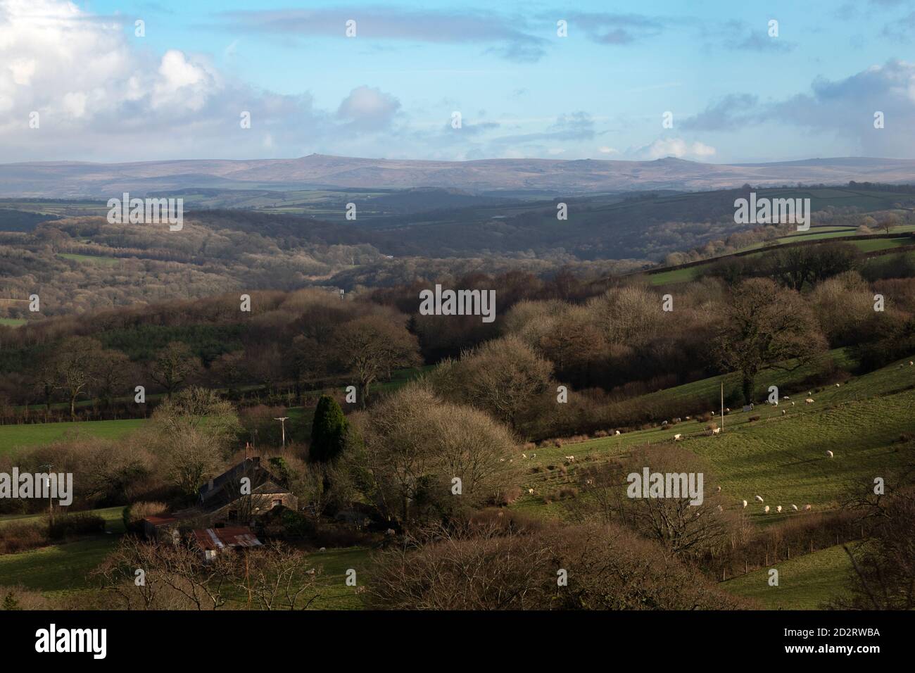 Winter view of valley near Launceston with Dartmoor in distance Stock Photo