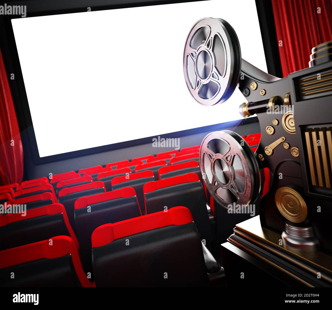 Vintage cinema projector in cinema theater. 3D illustration. Stock Photo