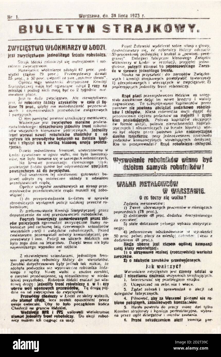Bulletin on the course of the Warsaw strike in July 1923. Stock Photo