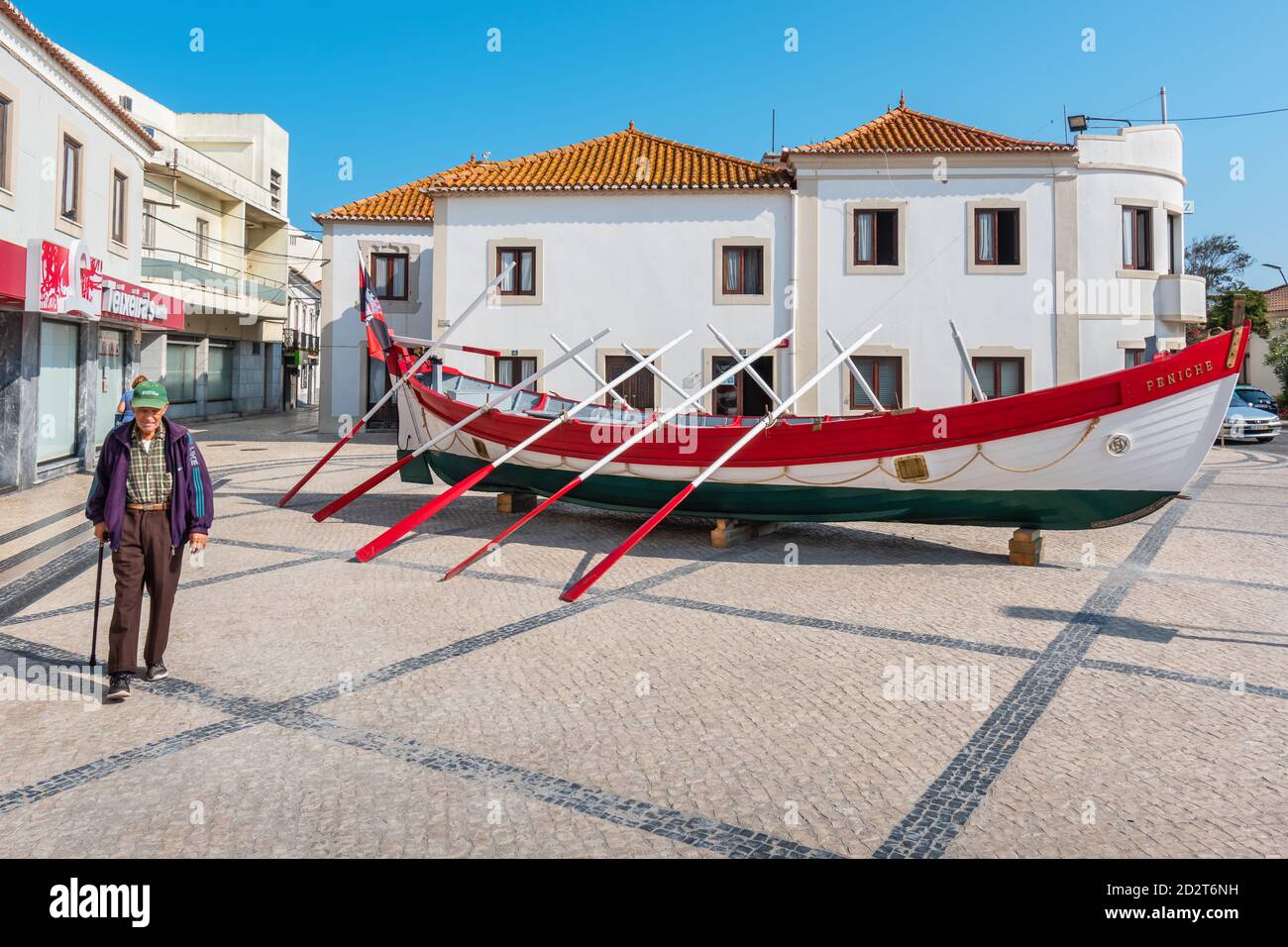 Traditional fishing boat exposed in the town square of Peniche. Portugal Stock Photo