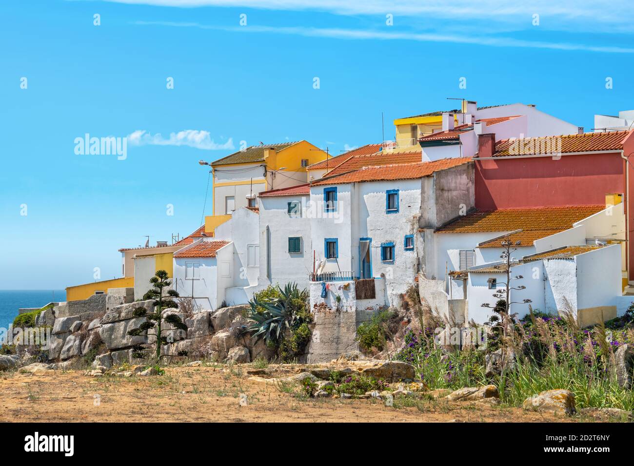 View to old portuguese houses on atlantic ocean coast. Peniche, Estremadura, Portugal Stock Photo