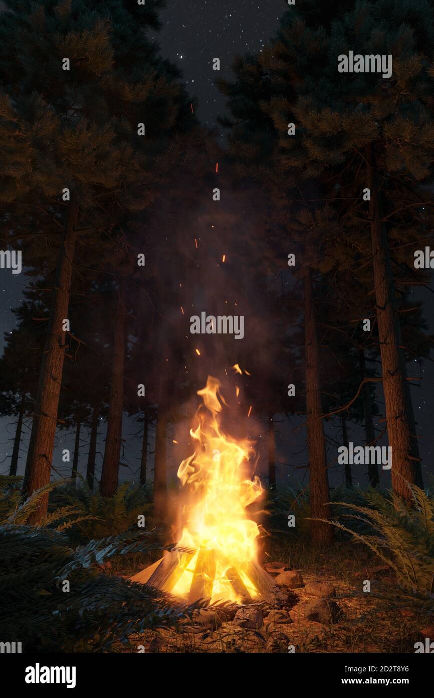 3d rendering of big bonfire with sparks in the forest at night Stock ...