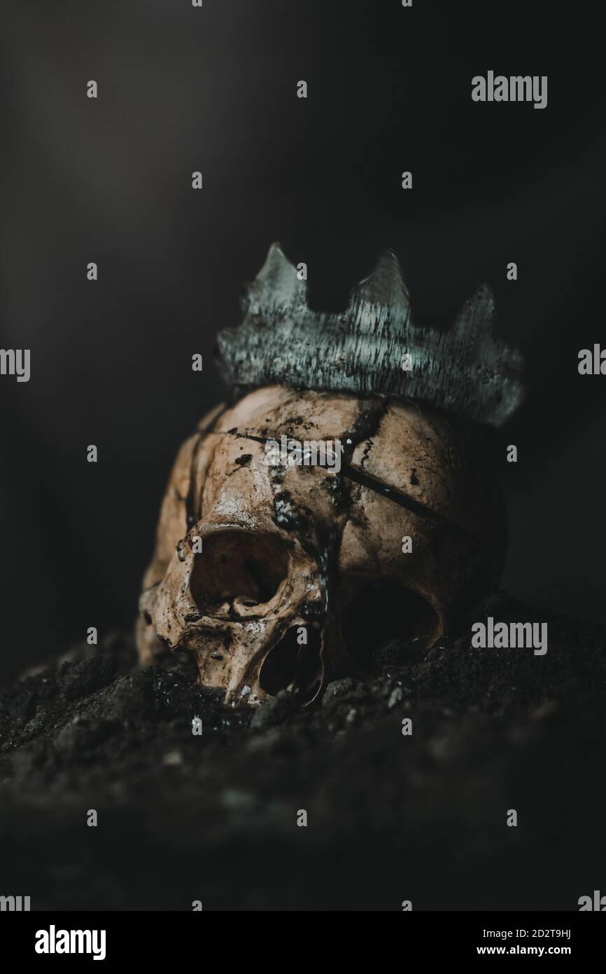 Spooky human skeleton skull with weathered crown placed on pile of ash against black background Stock Photo