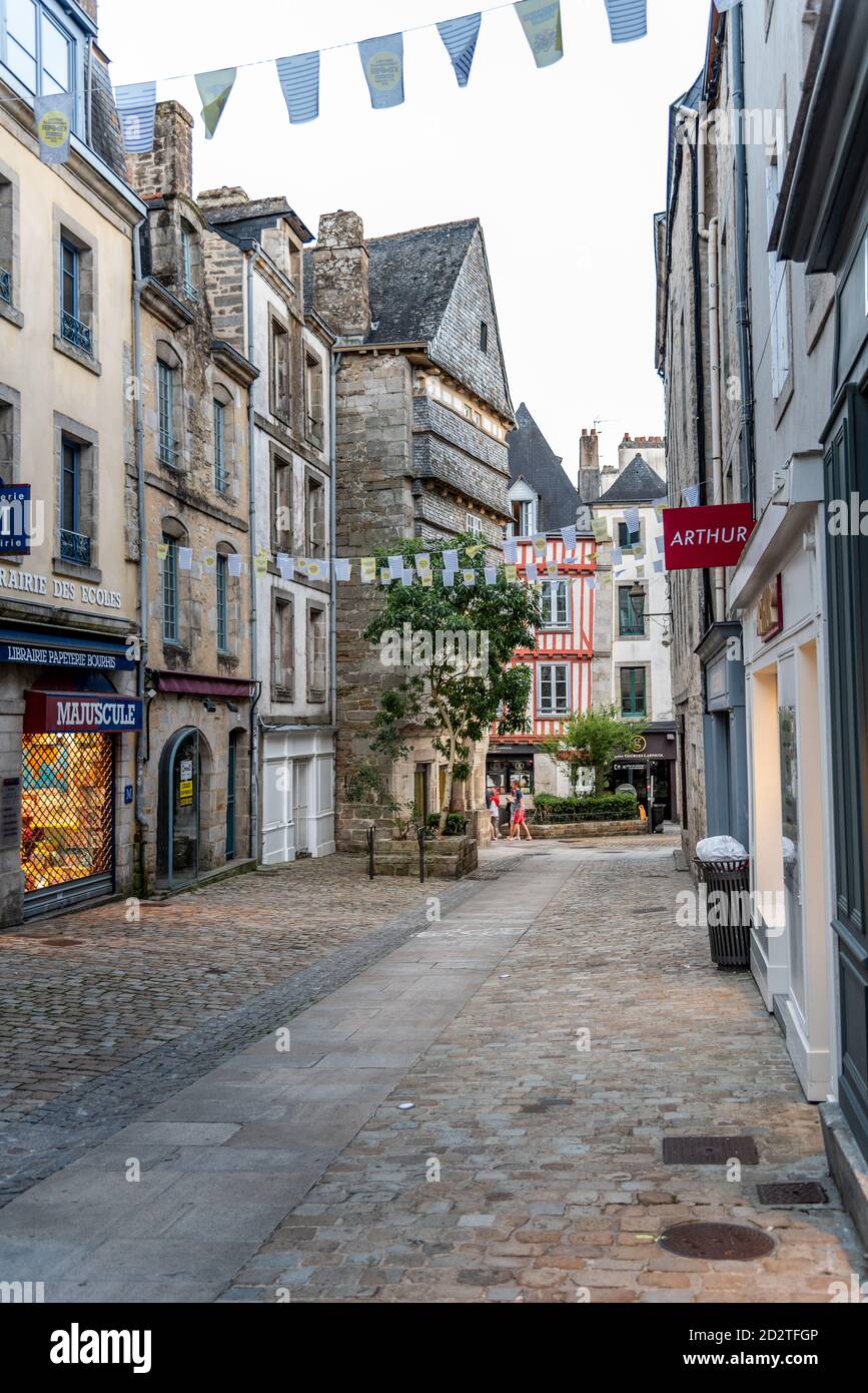 Quimper, France - August 2, 2018: Empty commercial street amidst old buildings in the centre of Quimper, the capital of the Finistere department of Br Stock Photo