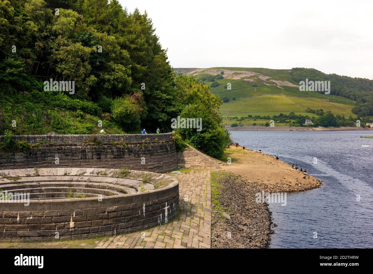 Bellmouth overflow with low water levels at Ladybower Reservoir,Peak District,Derbyshire,England,U Stock Photo