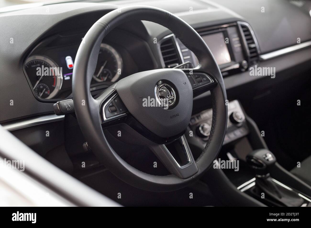 Russia, Izhevsk - September 25, 2020: Skoda showroom. Interior of new Karoq car. Famous world brand. Prestigious vehicles. Stock Photo