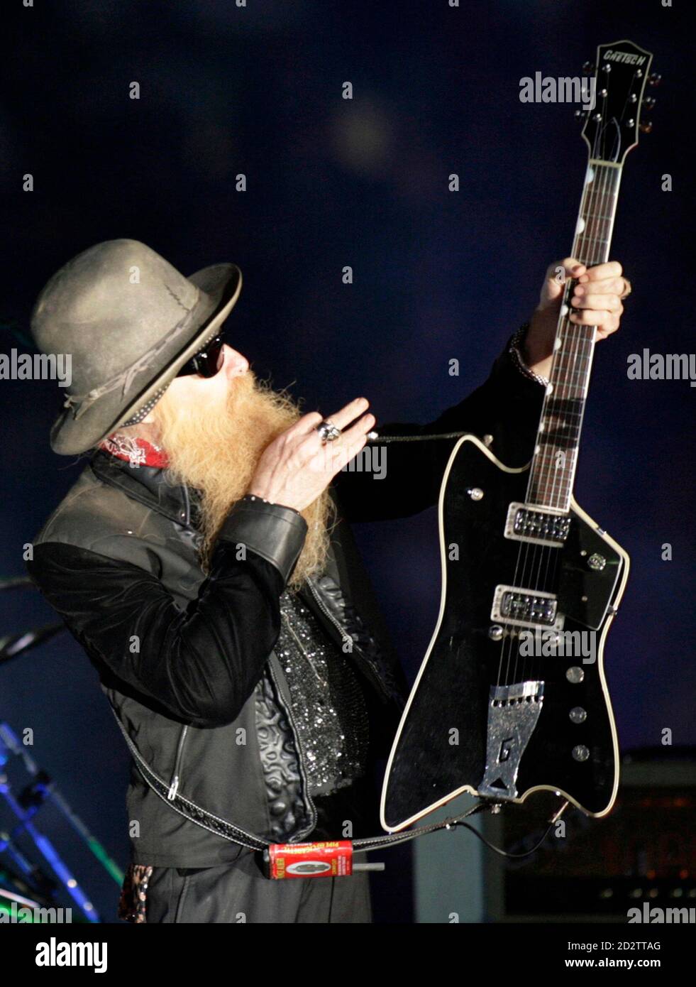 Billy Gibbons of the band ZZ Top performs at halftime during the NCAA  Orange Bowl football game between the Kansas Jayhawks and Virginia Tech  Hokies in Miami, January 3, 2008. REUTERS/Robert Sullivan (