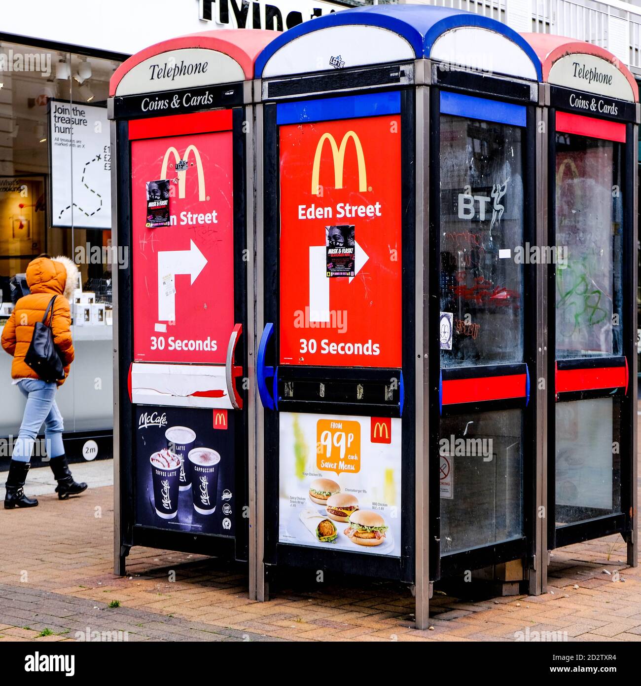 London UK October 06 2020, Group Of BT Telephone Boxes Advertising