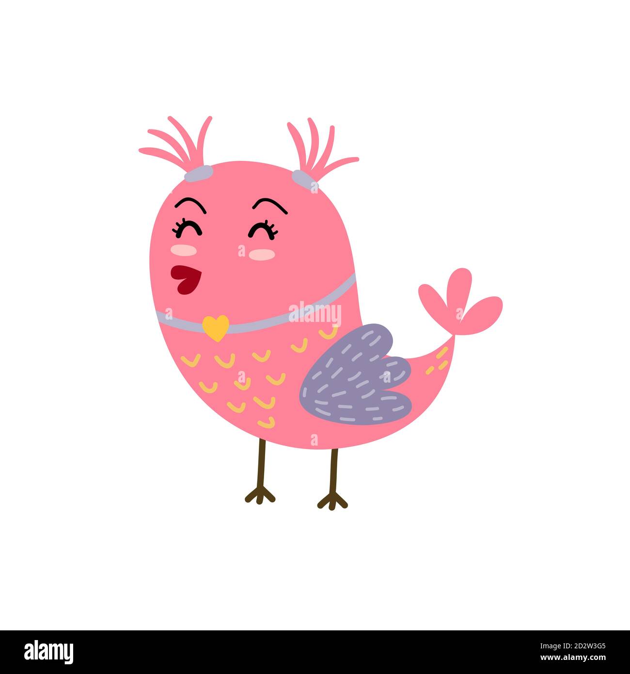 Cute girly bird with ponytails. Pink bird character in cartoon style Stock Vector