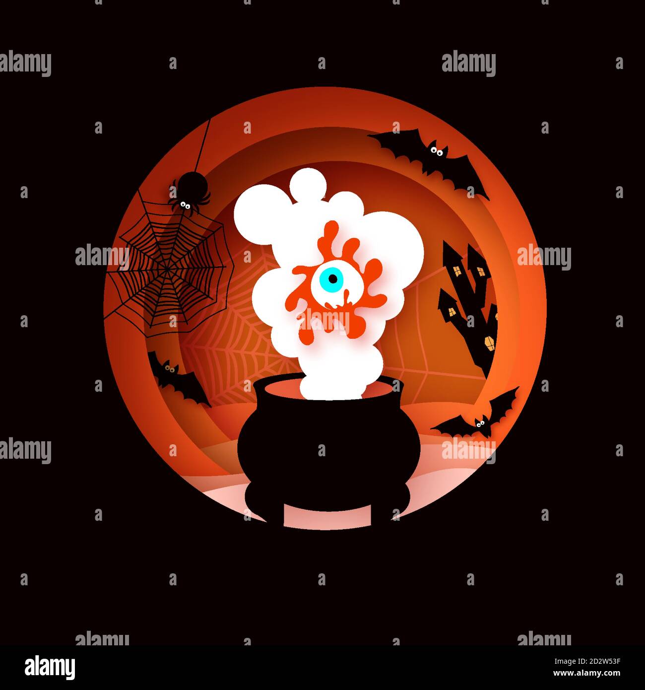 Happy Halloween. Witchs Cauldron with magic eye. Mystical night with bat, web, spiders. Circle frame. Paper craft art. Space for text. Stock Vector