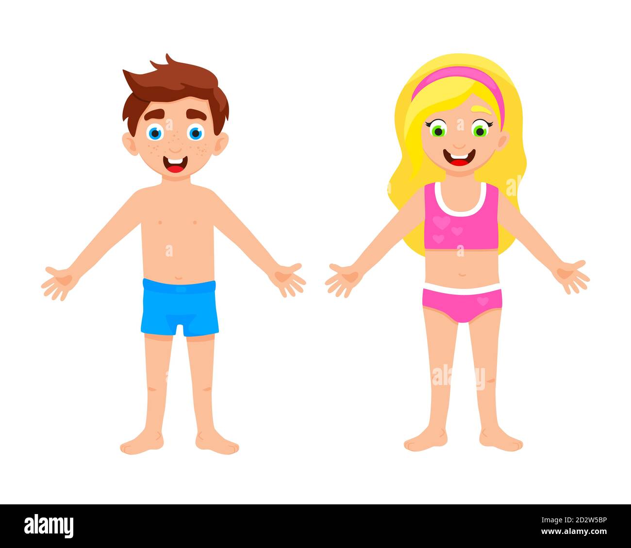 My body poster. Cute kids girl and boy shows his body parts medical