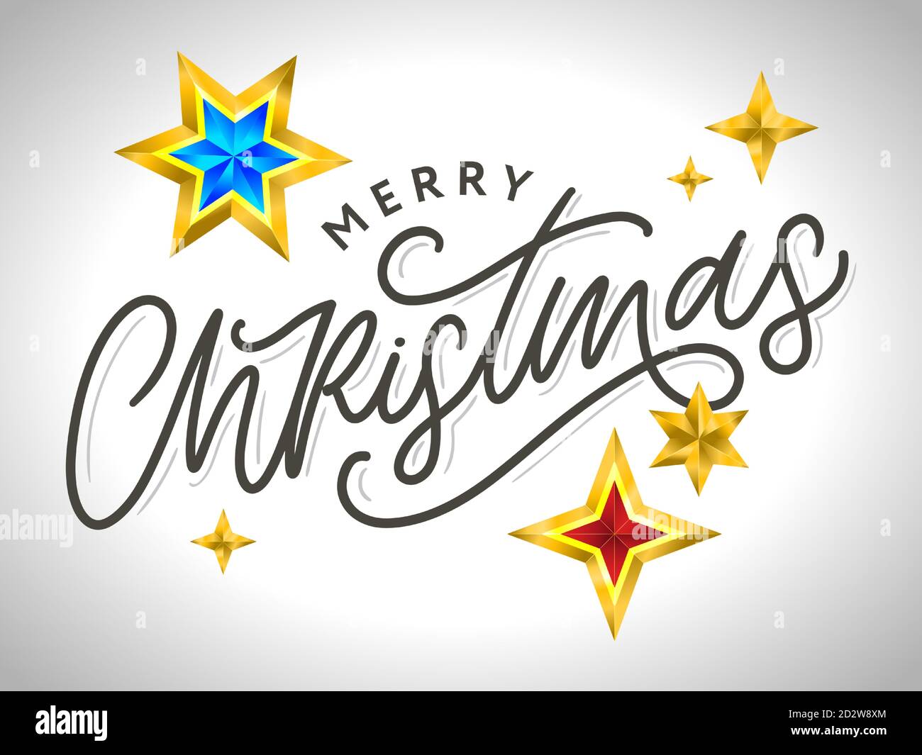 Merry Christmas card with hand drawn lettering and stars on dark ...
