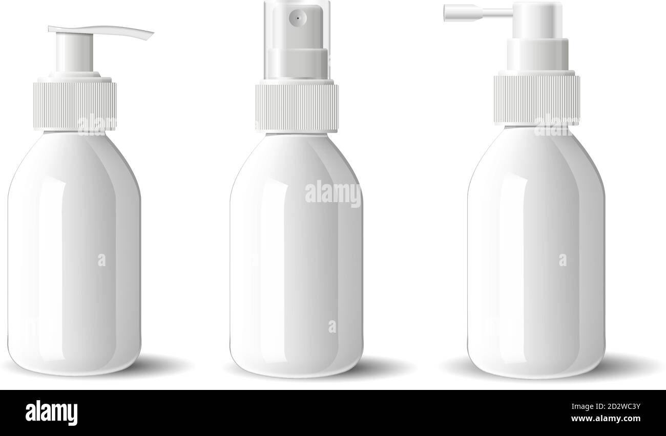 Download Realistic White Glossy Glass Or Plastic Cosmetic Bottles Dispenser Spray Pump Container Mockup Template For Cream Soups And Other Cosmetics Or Medi Stock Vector Image Art Alamy