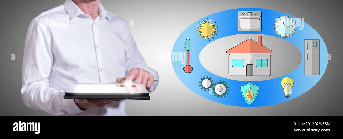 Man using a tablet with smart home concept Stock Photo - Alamy