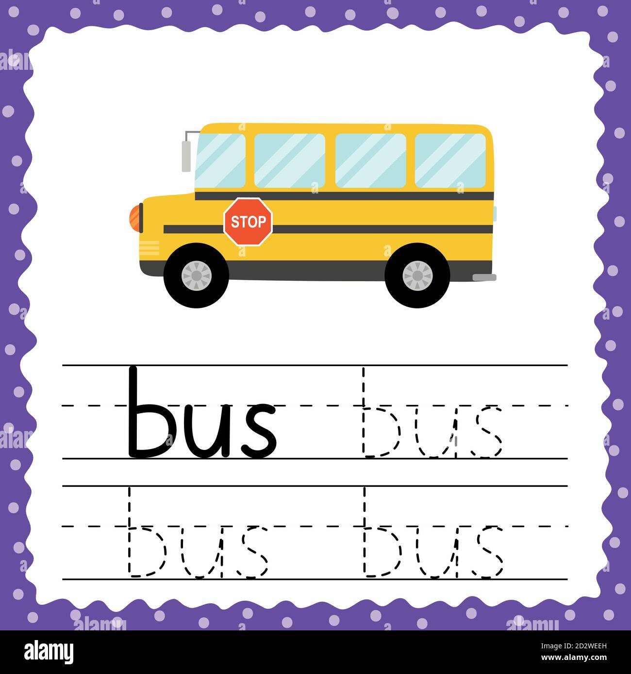 Trace word - Bus flash card for toddlers. Tracing practice worksheet Stock Vector