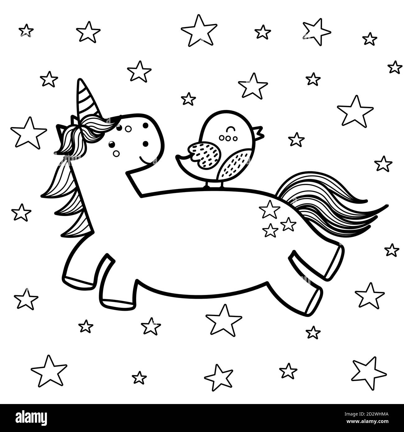 Magic unicorn with his friend bird coloring page. Great for kids colouring book Stock Vector