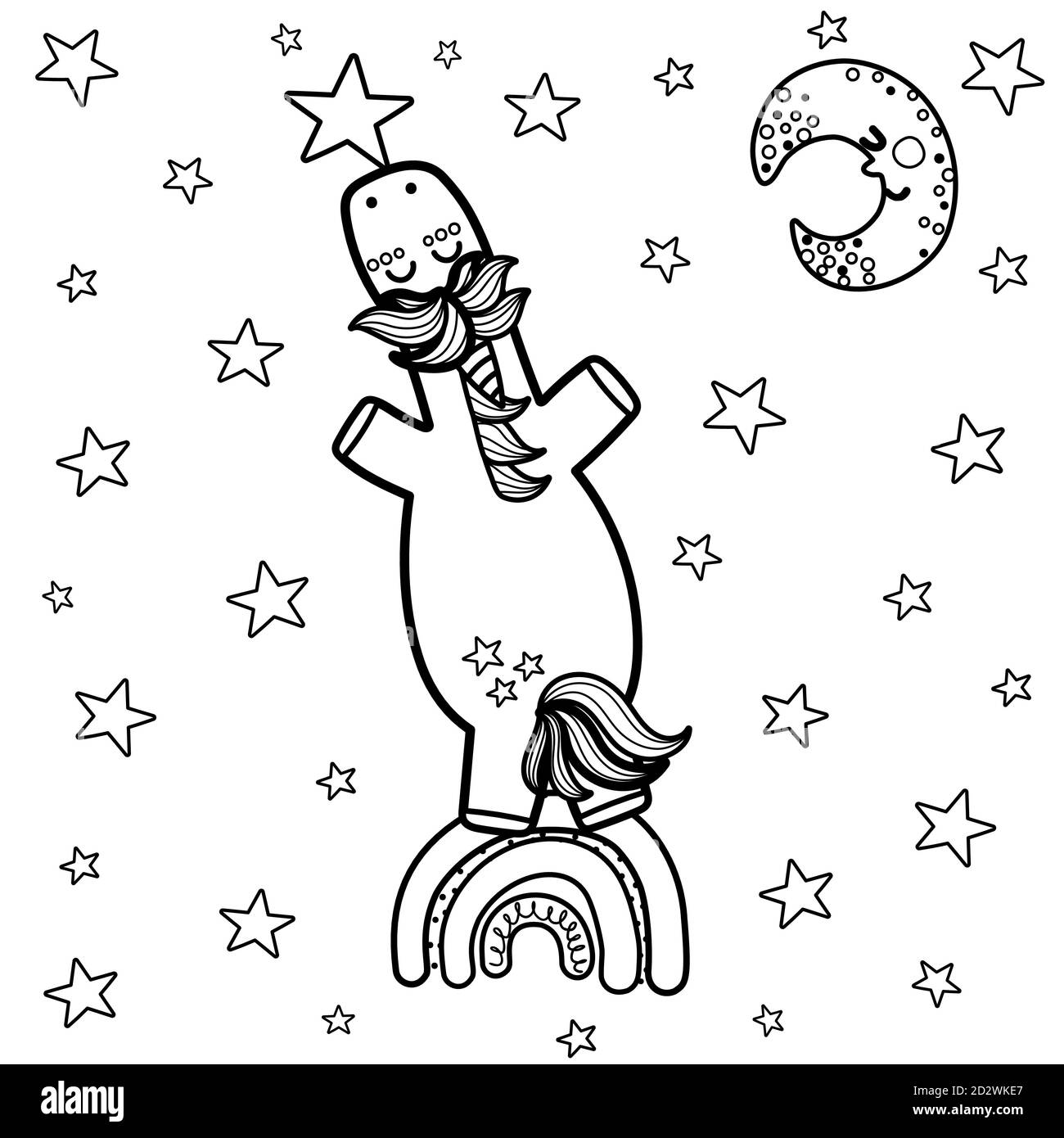 Unicorn standing on a rainbow pulls out a star from the sky. Magic coloring page Stock Vector