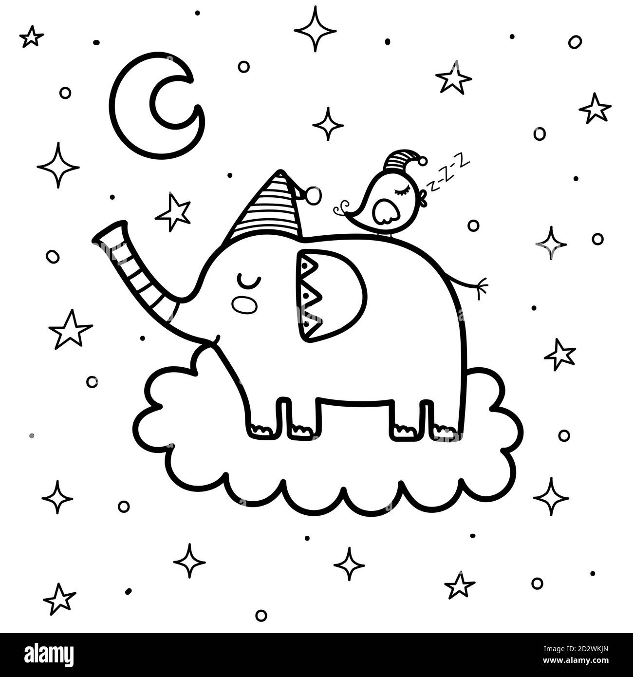 Cute sleeping elephant with a bird on cloud coloring page. Good night coloring book Stock Vector