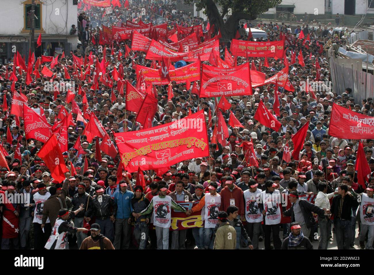 Communist Party of Nepal (Maoist) supporters take part in a rally in Kathmandu February 13, 2007. Thousands of supporters of former Maoist rebels held a mass demonstration in the Nepali capital on