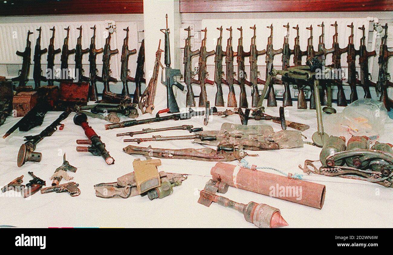 An IRA arms cache found by Irish police in a bunker beneath a shed at a hillside bungalow near Athboy, Co Meath. Police were questioning two men about the haul which includes anti-aircraft guns, flame throwers, rifles and bomb making materials.  * 31/8/95 The decommissioning row stalling the peace process centres around a huge arsenal of guns, missiles and explosives believed stockpiled by the IRA around the Irish republic.  31/5/01: The IRA has had four meetings with General John de Chastelain's international disarmament commission since March, the organisation claimed Thursday 31 May 2001.  Stock Photo