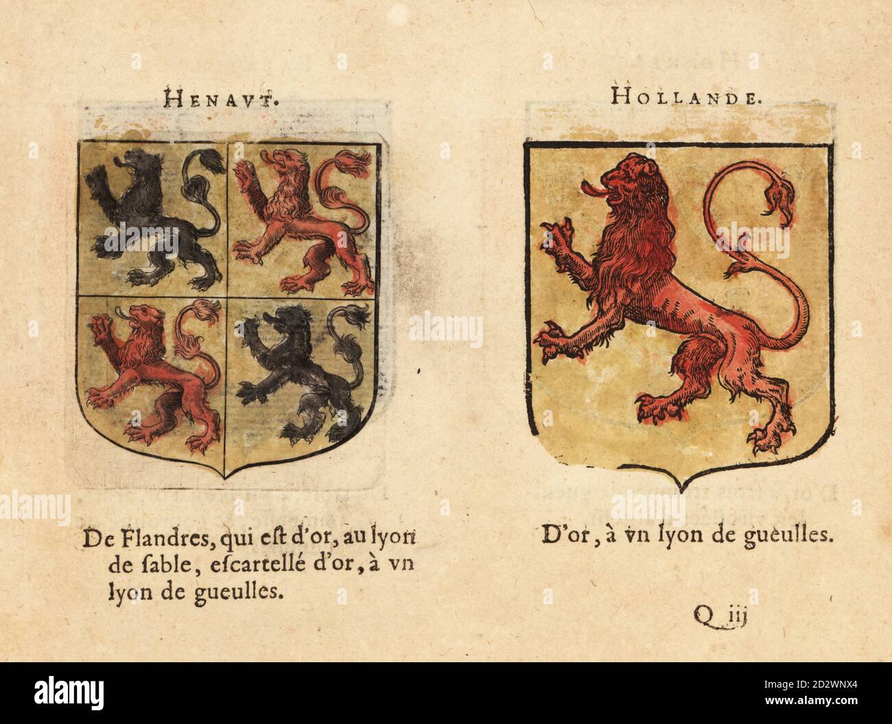 Coat of arms of the Count of Hainaut, Low Countries, black and red lions on gold field, and the Count of Holland, Low Countries, with red lion on gold field. Comtez: Henaut, Hollande. Handcoloured woodblock engraving from Hierosme de Bara’s Le Blason des Armoiries, Chez Rolet Boutonne, Paris, 1628 Stock Photo
