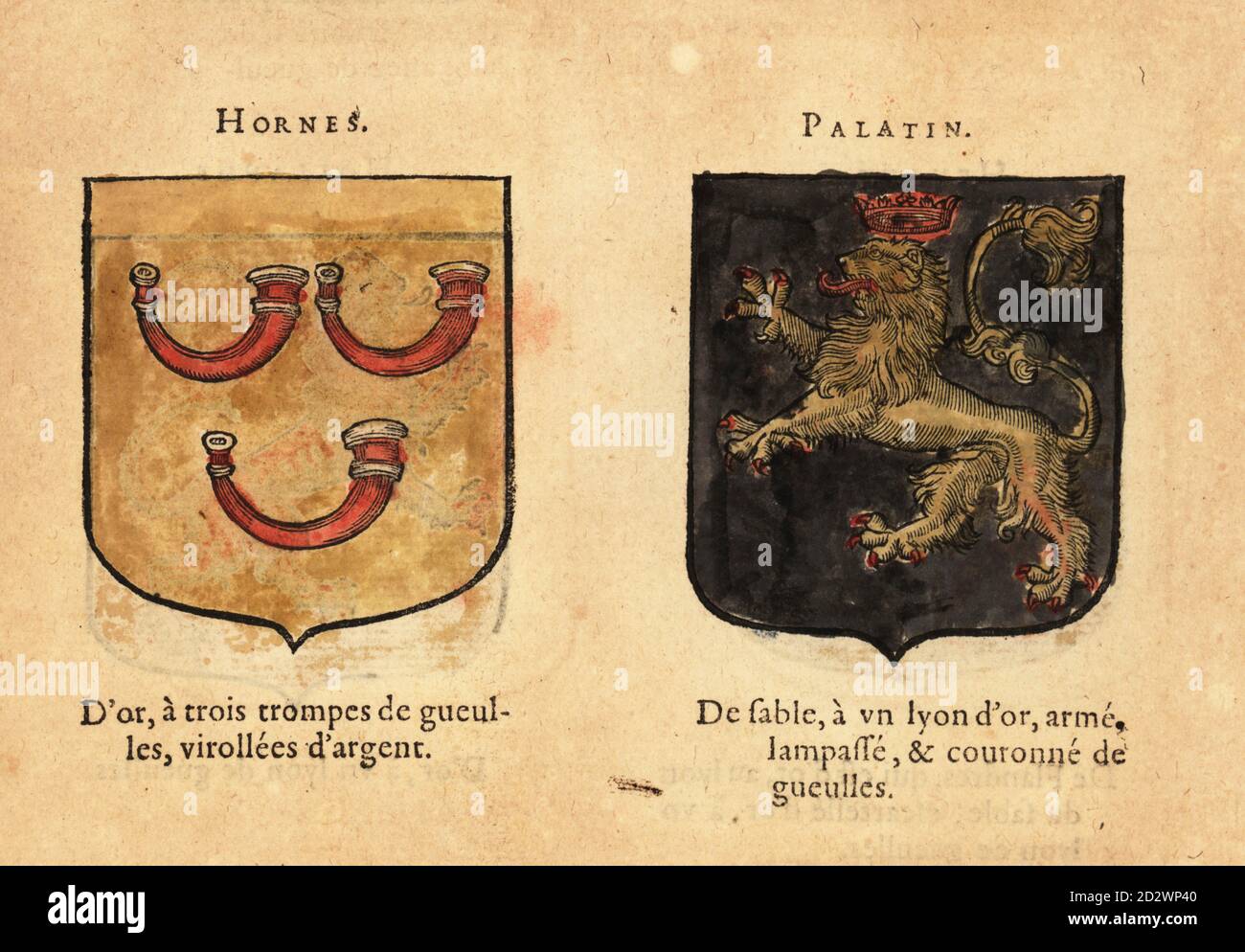 Coats of arms of the Count of Horne, with three red trumpets on gold field, and the Count of Palatine of the Rhine, with gold lion and red crown on black field. Comtez: Hornes, Palatin. Handcoloured woodblock engraving from Hierosme de Bara’s Le Blason des Armoiries, Chez Rolet Boutonne, Paris, 1628 Stock Photo