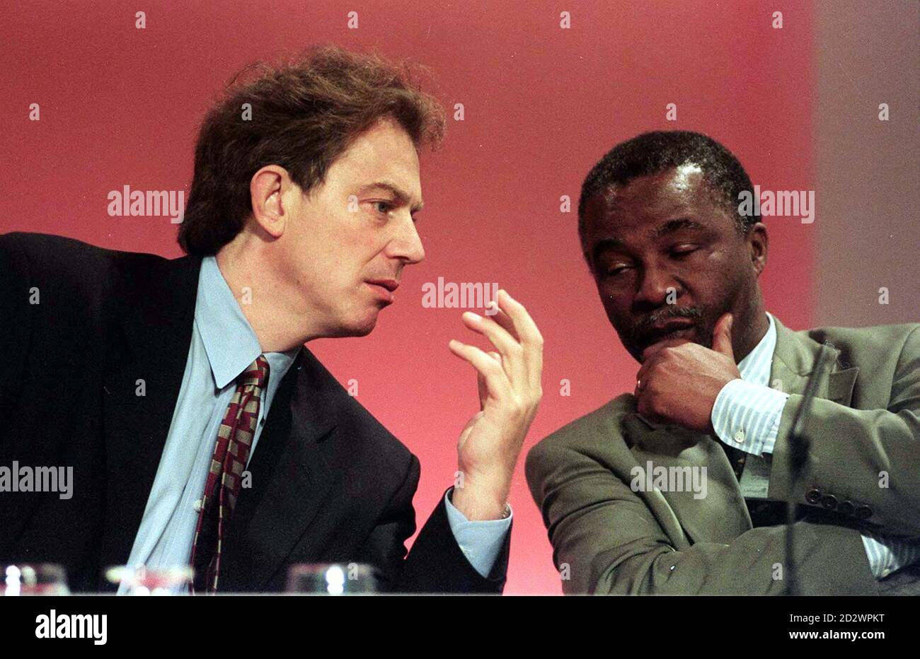 Labour leader Tony Blair talks with South African vice-president Thabo Mbeki at the party conference in Brighton today (Thursday). Stock Photo