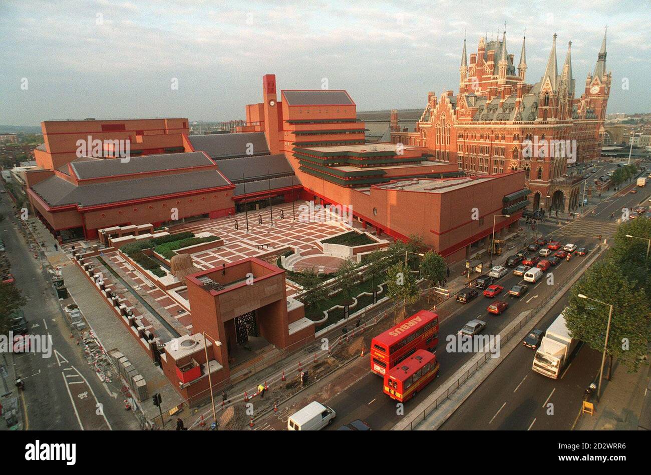 The newly-unveiled British Library, on London's Euston Road, with St Pancras Station in the background. The  500 million red brick building has been at the centre of contoversy ever since its conception nearly thirty years ago, attracting scathing comments from among others the Prince of Wales and the National Heritage Committee. Stock Photo