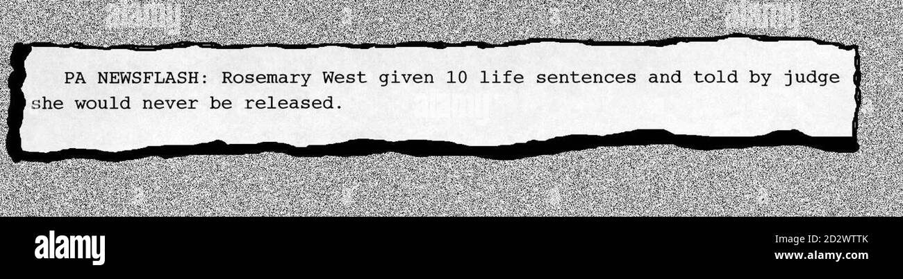 The Bulletin Which Broke The News Of How The Trial Of The Century Ended Today Wednesday As Housewife Rosemary West Was Given 10 Life Sentences At Winchester Crown Court Today Wed Stock